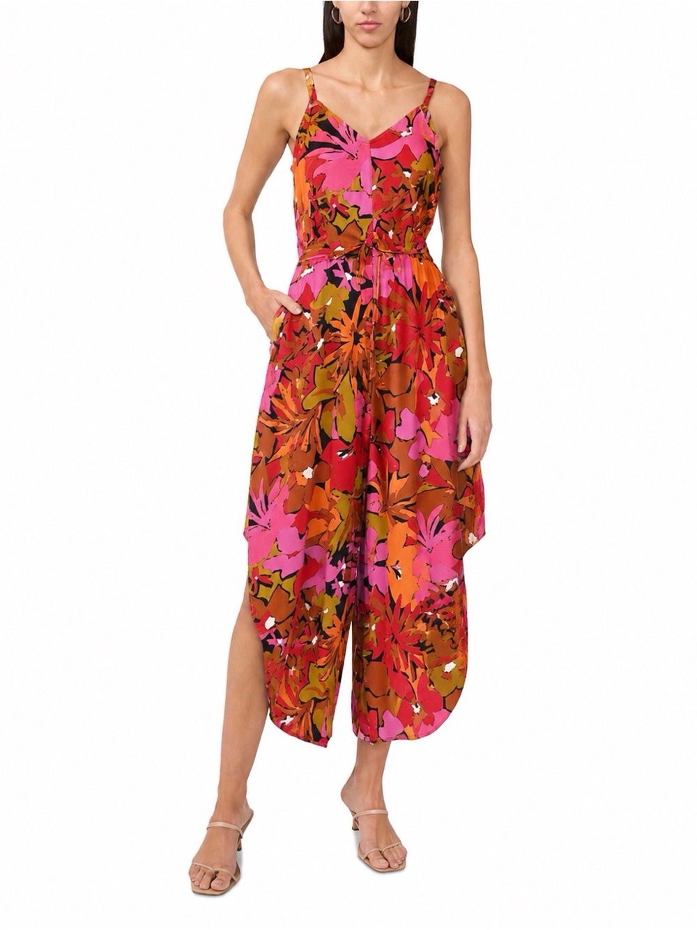 MSK Floral Rayon Jumpsuit in Pink & Red Floral Tones Size M.